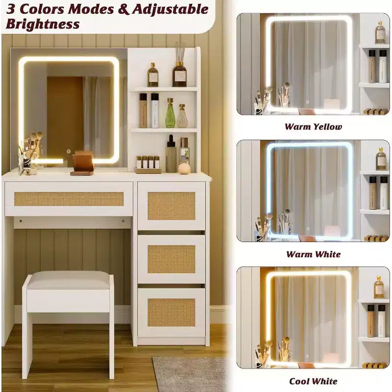 Toeletta, Tavolino Trucco - Tavolo in Rattan con Luce LED Regolabile e Specchio, 4 Cassetti, 2 Ripiani Aperti, Ampio Spazio per la Camera da Letto (Bianco)