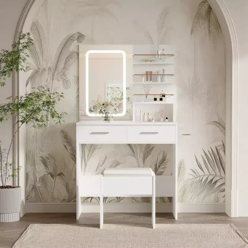 Set da toeletta con specchio e luci, 2 cassetti e ripiani aperti, 3 modalità di illuminazione e luminosità regolabile, per camera da letto
