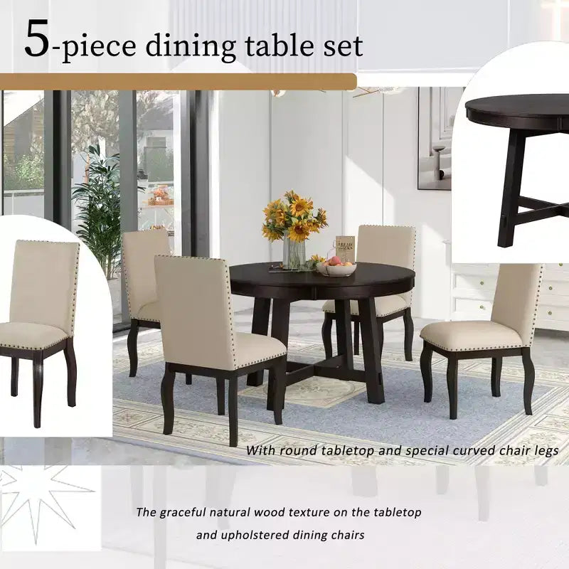 GDFStudio Dana Set da 5 Pezzi Tavolo da Pranzo con Tavolo Rotondo Allungabile e Sedie Imbottite