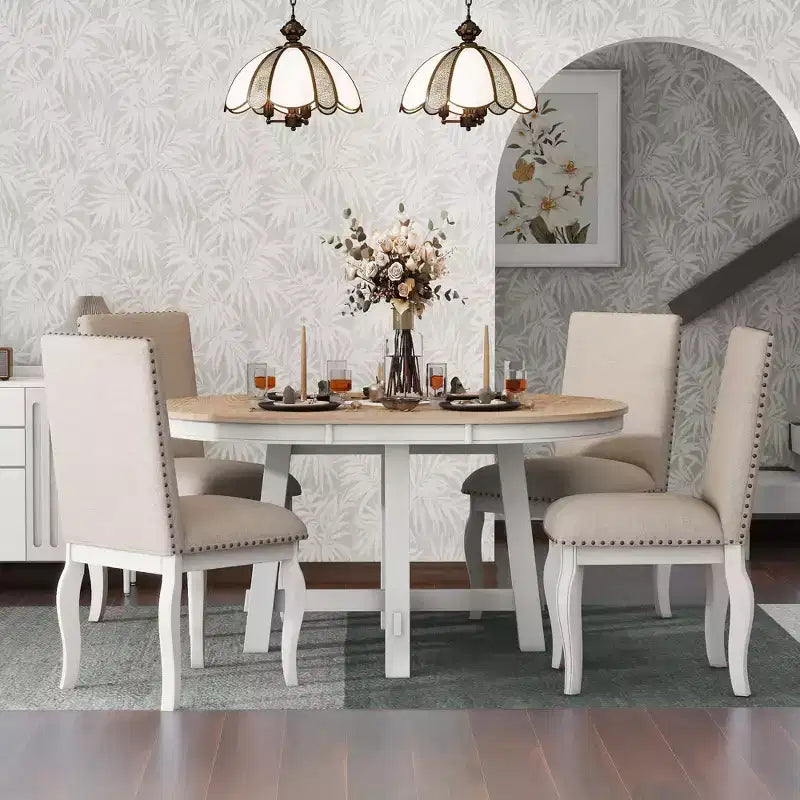 GDFStudio Dana Set da 5 Pezzi Tavolo da Pranzo con Tavolo Rotondo Allungabile e Sedie Imbottite
