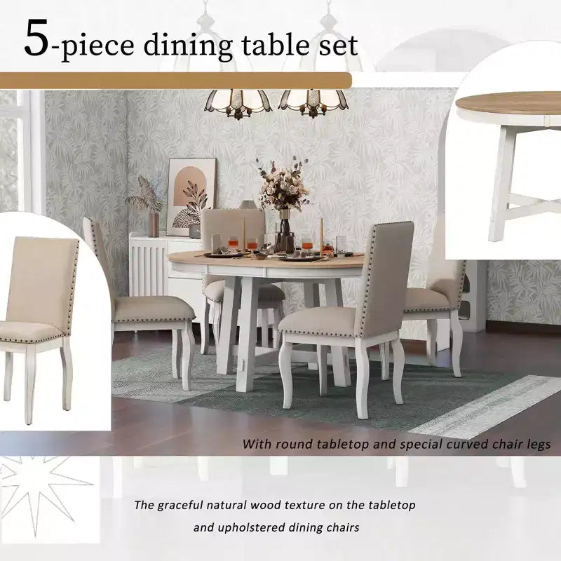 GDFStudio Dana Set da 5 Pezzi Tavolo da Pranzo con Tavolo Rotondo Allungabile e Sedie Imbottite