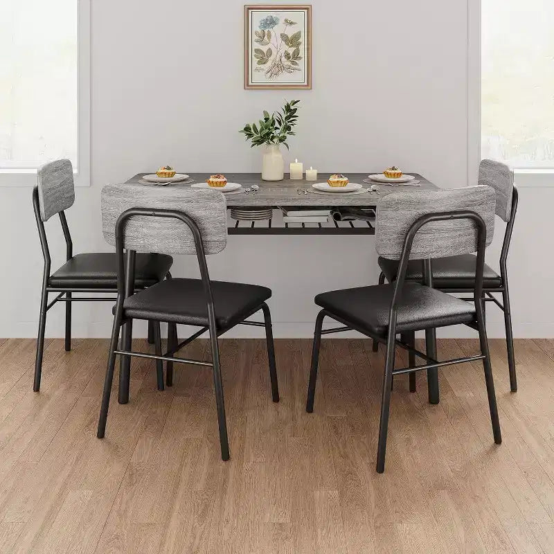 Set da tavolo da pranzo Acekool per 4 persone con scaffale portaoggetti, tavolo da cucina da 5 pezzi e sedie imbottite, piano in legno e struttura in metallo, per piccoli spazi, colore retrò