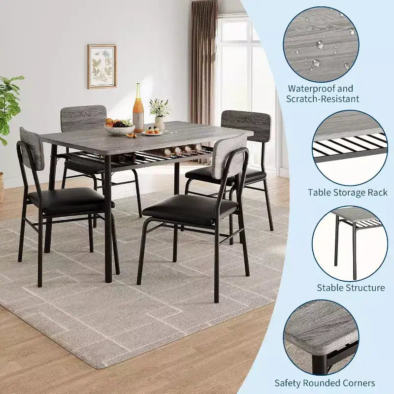 Set da tavolo da pranzo Acekool per 4 persone con scaffale portaoggetti, tavolo da cucina da 5 pezzi e sedie imbottite, piano in legno e struttura in metallo, per piccoli spazi, colore retrò