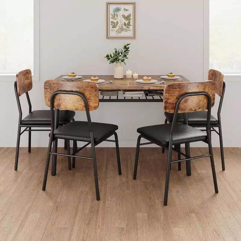 Set da tavolo da pranzo Acekool per 4 persone con scaffale portaoggetti, tavolo da cucina da 5 pezzi e sedie imbottite, piano in legno e struttura in metallo, per piccoli spazi, colore retrò