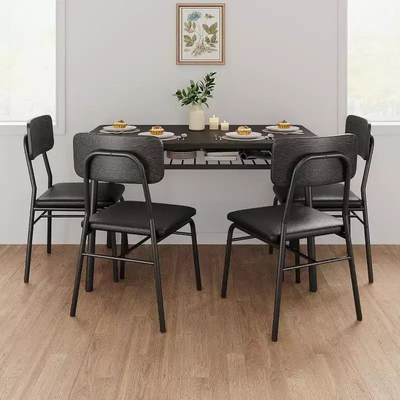 Set da tavolo da pranzo Acekool per 4 persone con scaffale portaoggetti, tavolo da cucina da 5 pezzi e sedie imbottite, piano in legno e struttura in metallo, per piccoli spazi, colore retrò