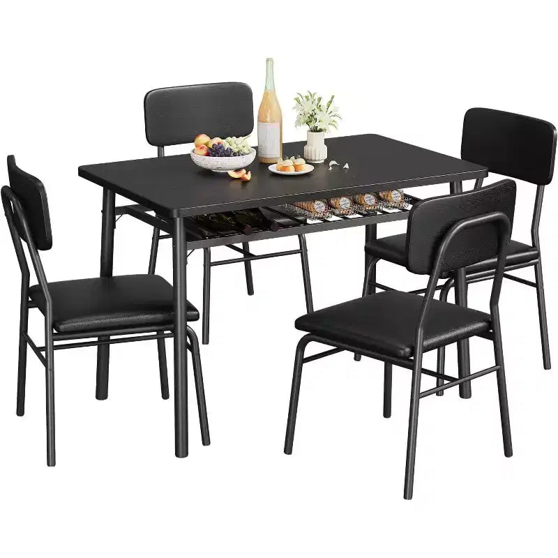 Set da tavolo da pranzo Acekool per 4 persone con scaffale portaoggetti, tavolo da cucina da 5 pezzi e sedie imbottite, piano in legno e struttura in metallo, per piccoli spazi, colore retrò