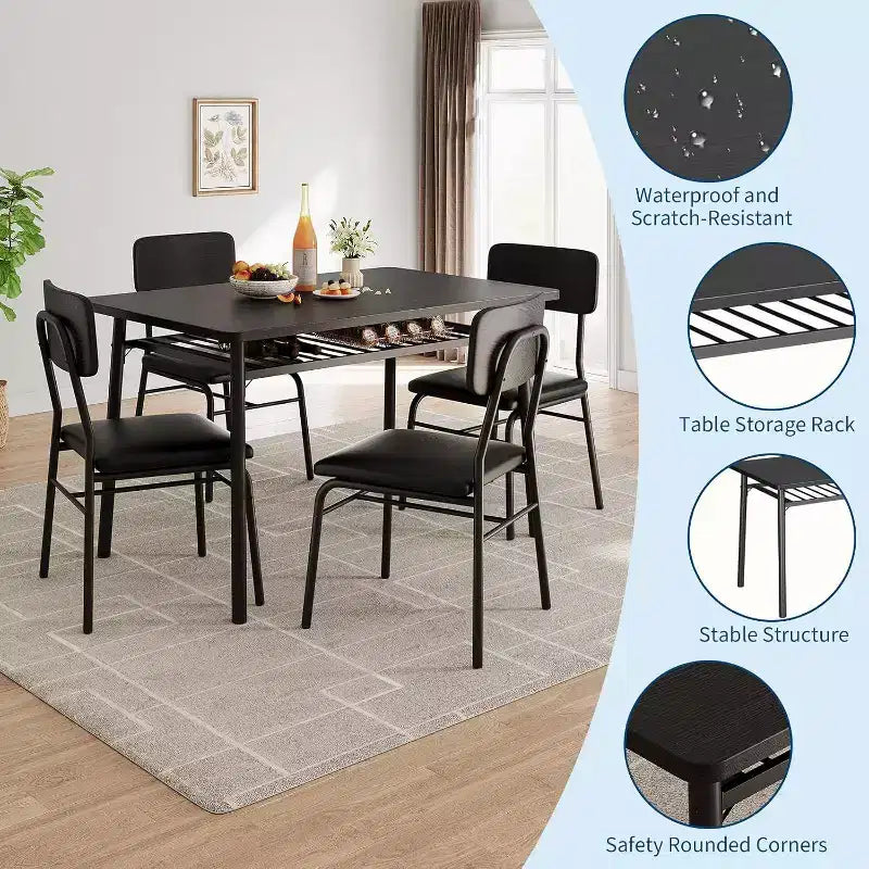 Set da tavolo da pranzo Acekool per 4 persone con scaffale portaoggetti, tavolo da cucina da 5 pezzi e sedie imbottite, piano in legno e struttura in metallo, per piccoli spazi, colore retrò