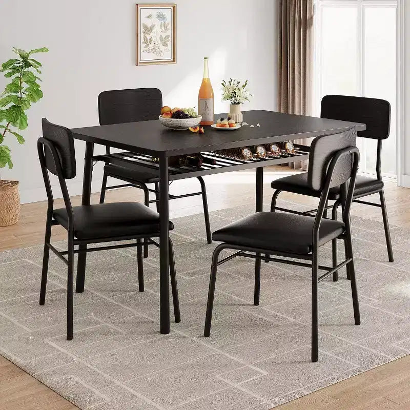 Acekool Dining Table Set for 4 with Storage Rack, 5-Piece Kitchen Table and Upholstered Chairs, Wood Top & Metal Frame, for Small Spaces, Retro color