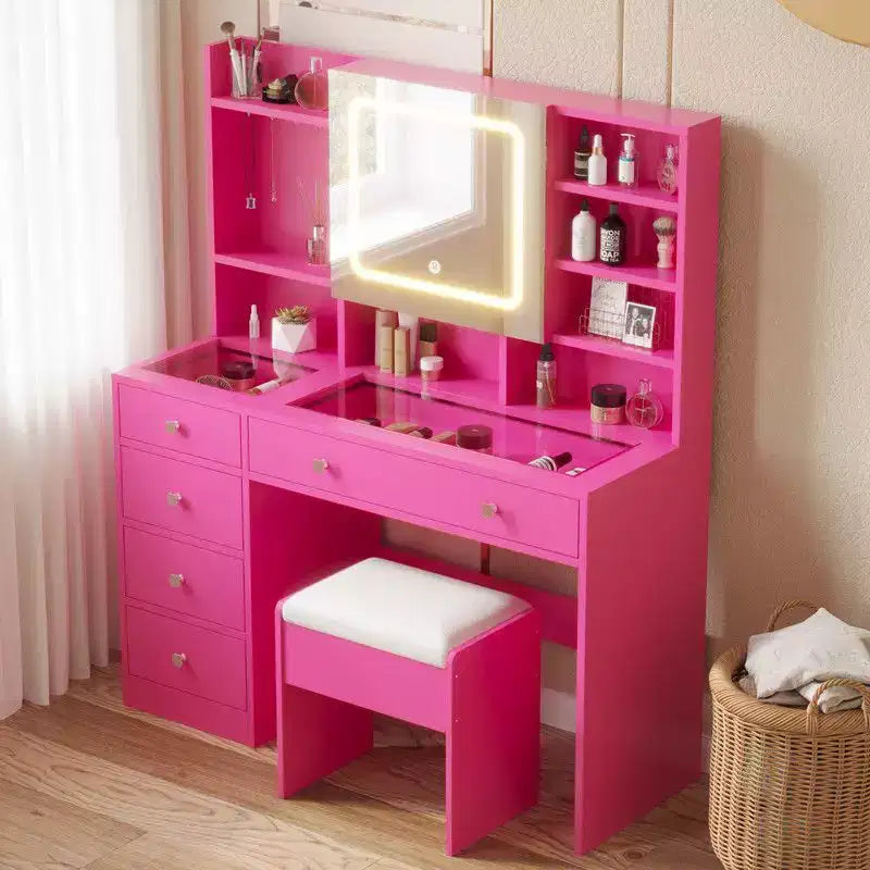 Barbie Pink Particle Board Tempered Glass Tabletop Laminated with Textured Melamine 5-Drawer Dressing Table Set