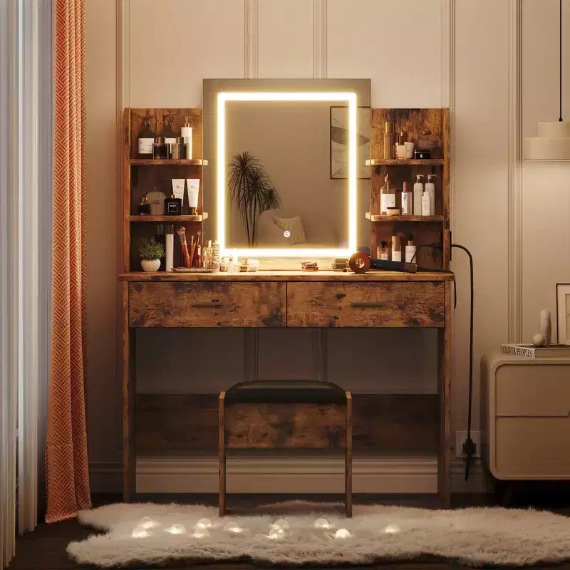 Toeletta da trucco con specchio, set tavolo e sedia da trucco con 2 cassetti portaoggetti, 4 ripiani, 3 modalità di illuminazione, per soggiorno, casa