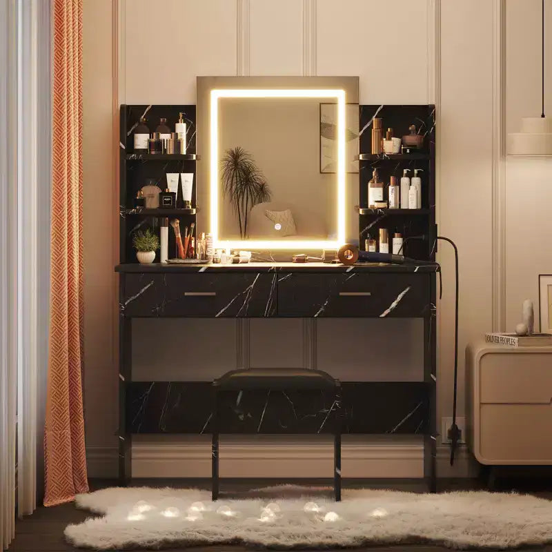Toeletta da trucco con specchio, set tavolo e sedia da trucco con 2 cassetti portaoggetti, 4 ripiani, 3 modalità di illuminazione, per soggiorno, casa