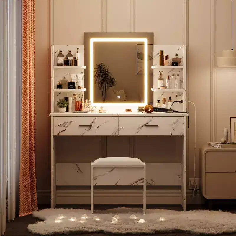 Toeletta da trucco con specchio, set tavolo e sedia da trucco con 2 cassetti portaoggetti, 4 ripiani, 3 modalità di illuminazione, per soggiorno, casa