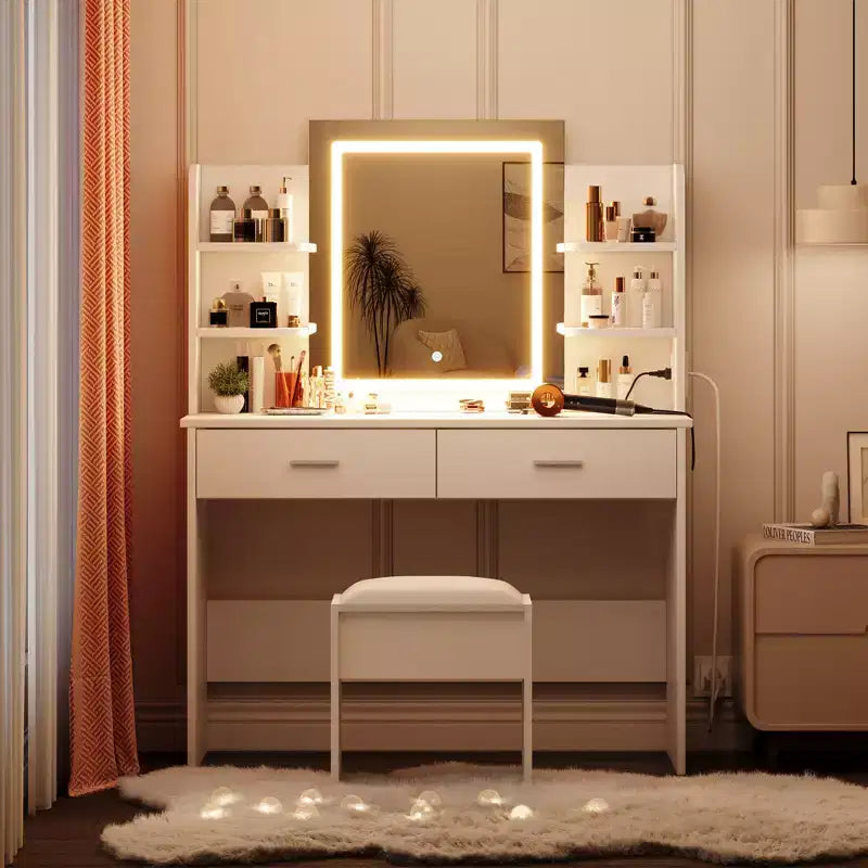 Toeletta da trucco con specchio, set tavolo e sedia da trucco con 2 cassetti portaoggetti, 4 ripiani, 3 modalità di illuminazione, per soggiorno, casa