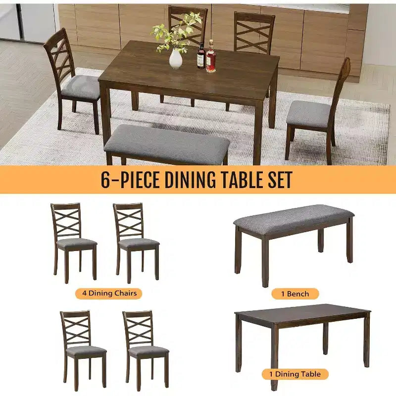 Set da pranzo Zevemomo da 6 pezzi in legno massello, include 1 tavolo da pranzo, 4 sedie imbottite e 1 panca, per sala da pranzo, cucina, ristorante, noce
