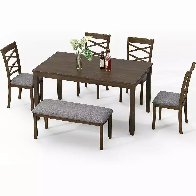 Set da pranzo Zevemomo da 6 pezzi in legno massello, include 1 tavolo da pranzo, 4 sedie imbottite e 1 panca, per sala da pranzo, cucina, ristorante, noce