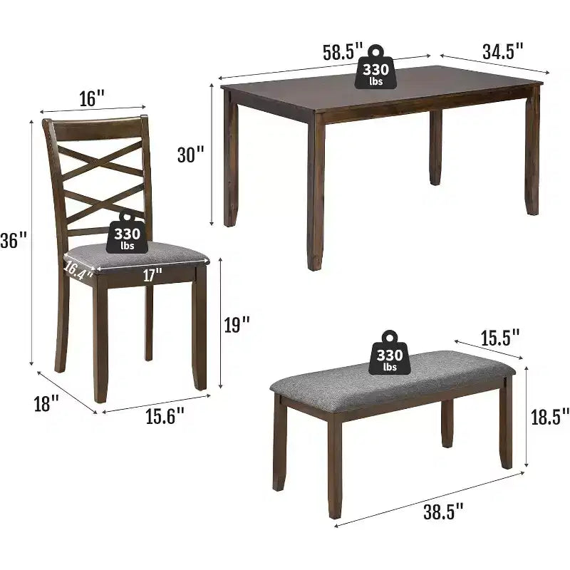 Set da pranzo Zevemomo da 6 pezzi in legno massello, include 1 tavolo da pranzo, 4 sedie imbottite e 1 panca, per sala da pranzo, cucina, ristorante, noce