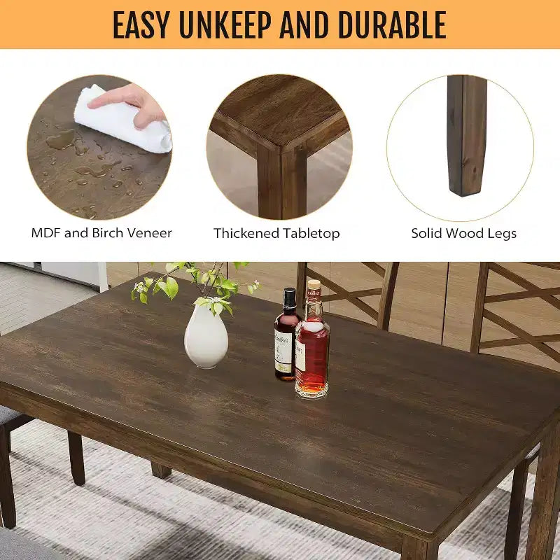 Set da pranzo Zevemomo da 6 pezzi in legno massello, include 1 tavolo da pranzo, 4 sedie imbottite e 1 panca, per sala da pranzo, cucina, ristorante, noce