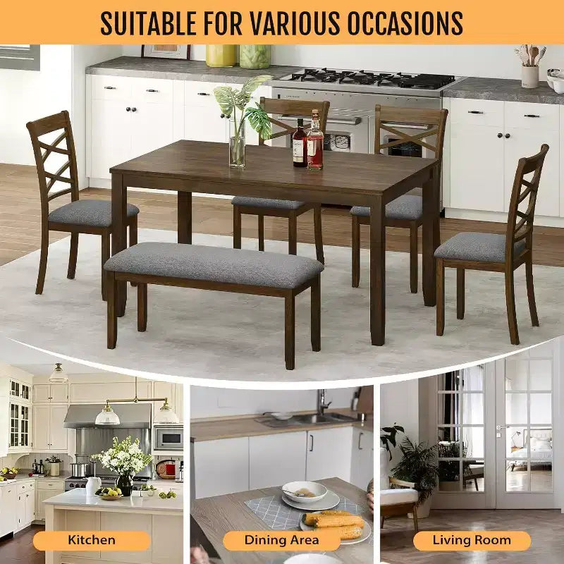 Set da pranzo Zevemomo da 6 pezzi in legno massello, include 1 tavolo da pranzo, 4 sedie imbottite e 1 panca, per sala da pranzo, cucina, ristorante, noce