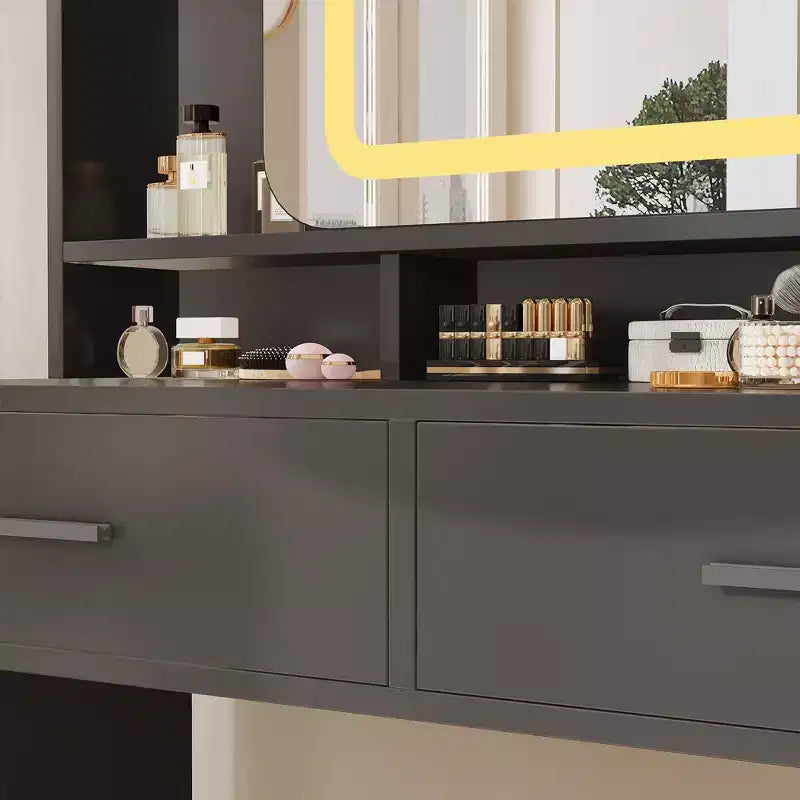 Toeletta Trucco con Specchio Scorrevole, Toeletta Trucco Moderna, 2 Cassetti e Sgabello Morbido Imbottito, 3 Modalità di Illuminazione Regolabili, per Camera da Letto