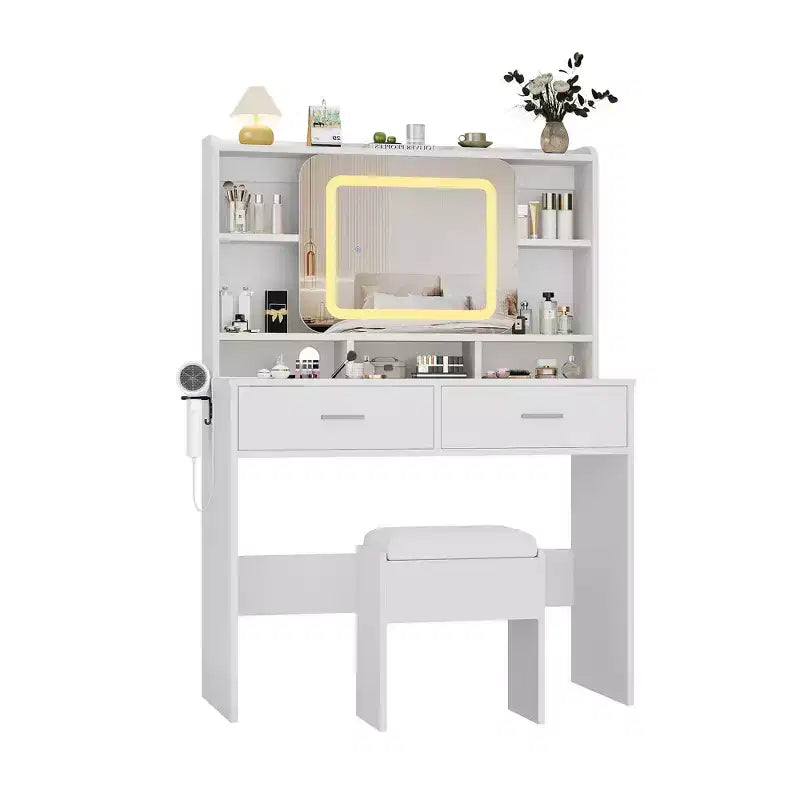 Toeletta Trucco con Specchio Scorrevole, Toeletta Trucco Moderna, 2 Cassetti e Sgabello Morbido Imbottito, 3 Modalità di Illuminazione Regolabili, per Camera da Letto