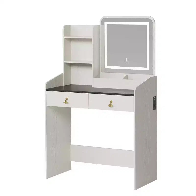 Set Toeletta con Specchio e Luci, Moderno Set Trucco con Sgabello Contenitore Nascosto, 2 Grandi Cassetti, 3 Ripiani Aperti, per Camera da Letto