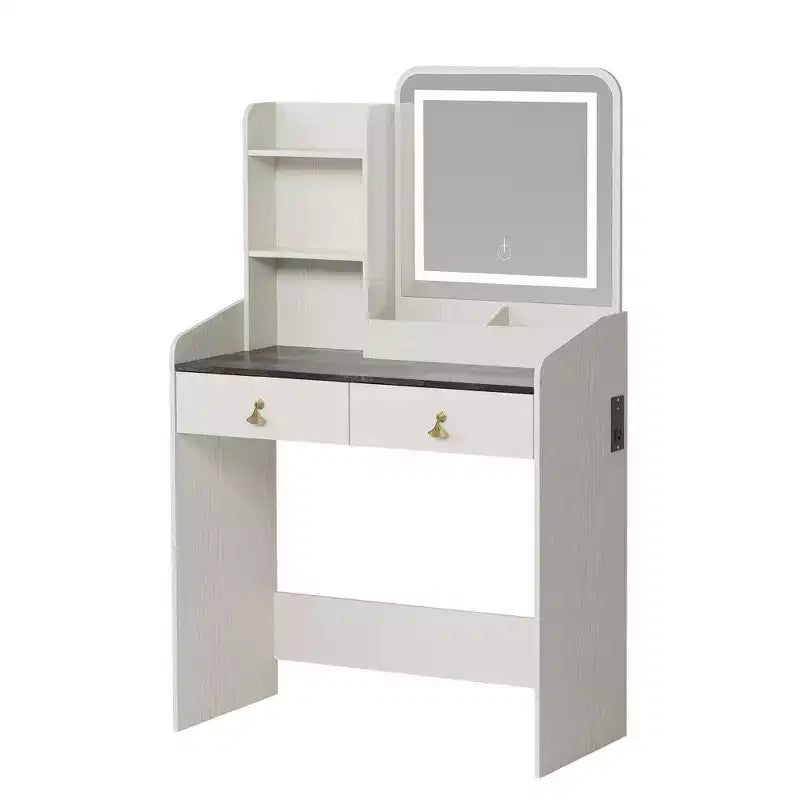 Set Toeletta con Specchio e Luci, Moderno Set Trucco con Sgabello Contenitore Nascosto, 2 Grandi Cassetti, 3 Ripiani Aperti, per Camera da Letto