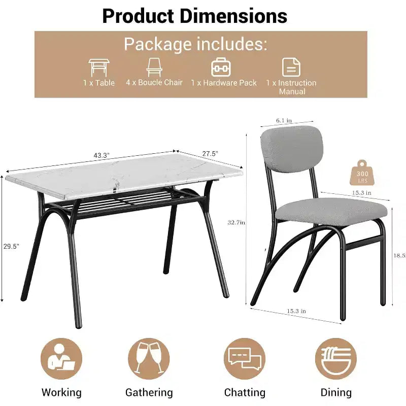 COZONY Set da Pranzo 5 Pezzi con 4 Sedie Bouclé, Tavolo Rettangolare con Piano in Marmo e Mensola Portaoggetti, Mobili da Pranzo Moderni Beige
