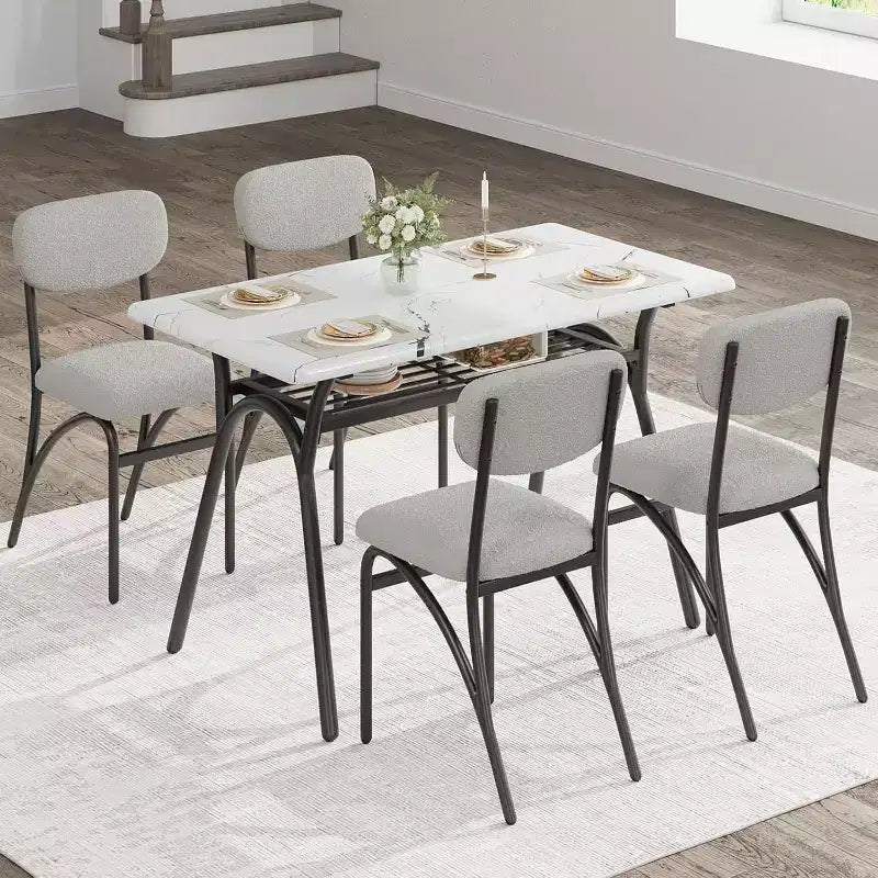 COZONY Set da Pranzo 5 Pezzi con 4 Sedie Bouclé, Tavolo Rettangolare con Piano in Marmo e Mensola Portaoggetti, Mobili da Pranzo Moderni Beige