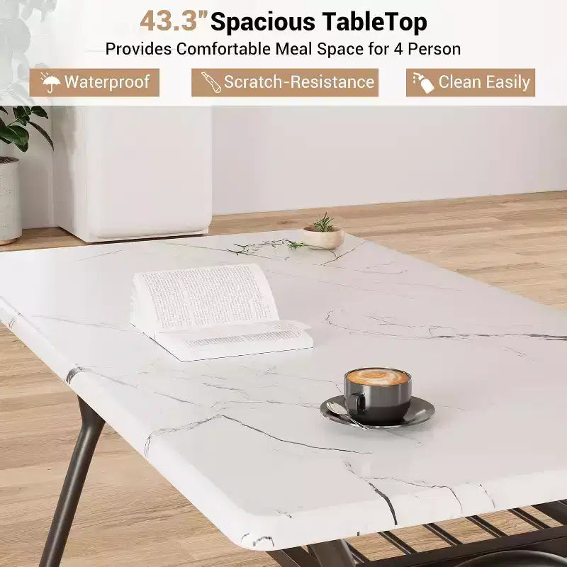 COZONY Set da Pranzo 5 Pezzi con 4 Sedie Bouclé, Tavolo Rettangolare con Piano in Marmo e Mensola Portaoggetti, Mobili da Pranzo Moderni Beige
