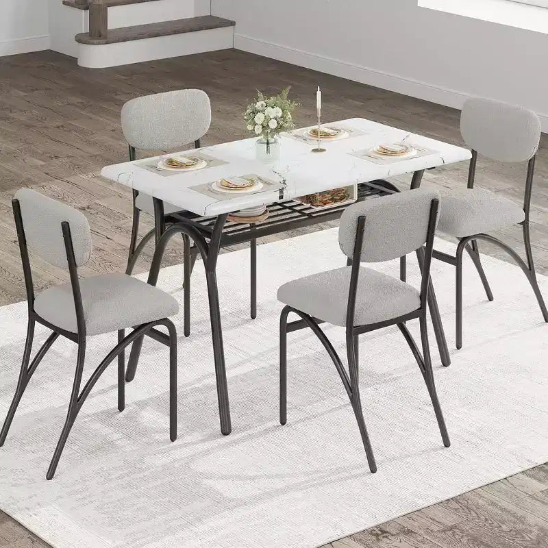 COZONY Set da Pranzo 5 Pezzi con 4 Sedie Bouclé, Tavolo Rettangolare con Piano in Marmo e Mensola Portaoggetti, Mobili da Pranzo Moderni Beige