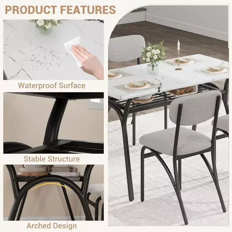 COZONY Set da Pranzo 5 Pezzi con 4 Sedie Bouclé, Tavolo Rettangolare con Piano in Marmo e Mensola Portaoggetti, Mobili da Pranzo Moderni Beige
