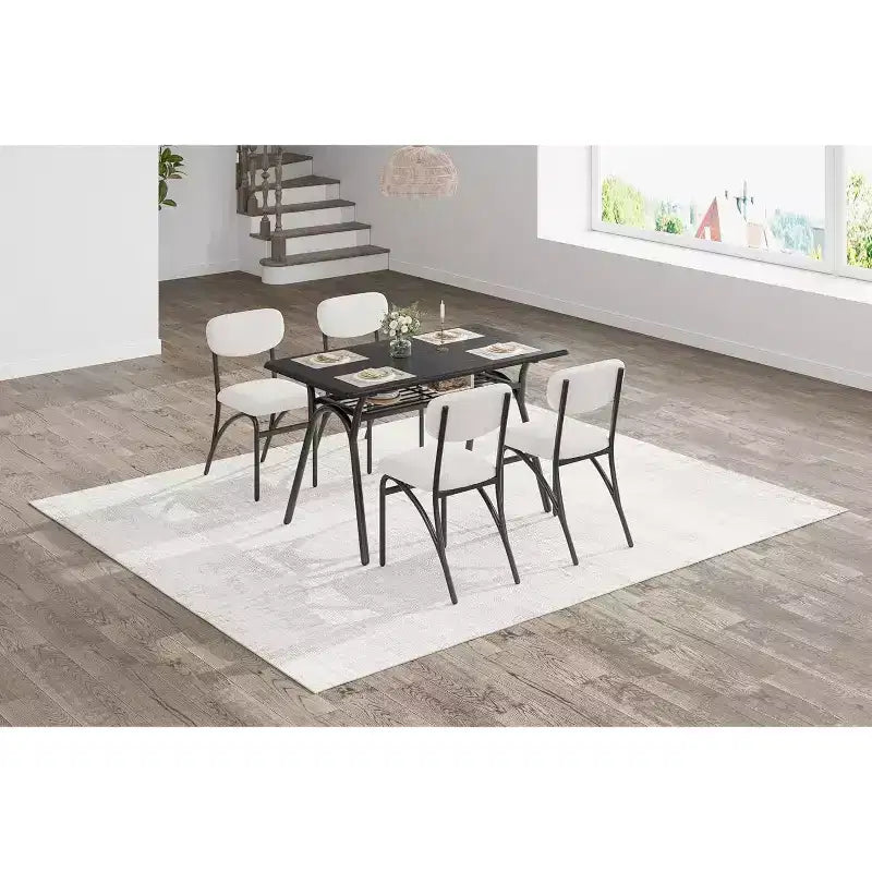 COZONY Set da Pranzo 5 Pezzi con 4 Sedie Bouclé, Tavolo Rettangolare con Piano in Marmo e Mensola Portaoggetti, Mobili da Pranzo Moderni Beige