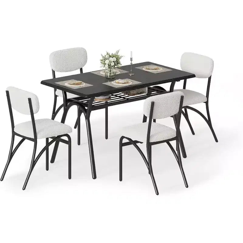 COZONY Set da Pranzo 5 Pezzi con 4 Sedie Bouclé, Tavolo Rettangolare con Piano in Marmo e Mensola Portaoggetti, Mobili da Pranzo Moderni Beige