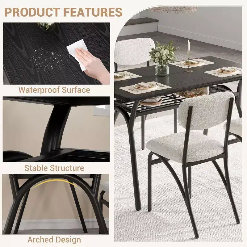 COZONY Set da Pranzo 5 Pezzi con 4 Sedie Bouclé, Tavolo Rettangolare con Piano in Marmo e Mensola Portaoggetti, Mobili da Pranzo Moderni Beige