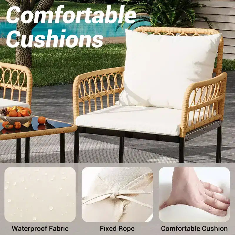Set mobili da giardino a 4 pezzi in rattan, per terrazza, con sedie a dondolo e tavolino da caffè in vetro, per patio e cortile