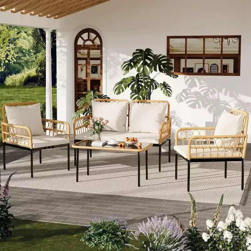 Set mobili da giardino a 4 pezzi in rattan, per terrazza, con sedie a dondolo e tavolino da caffè in vetro, per patio e cortile