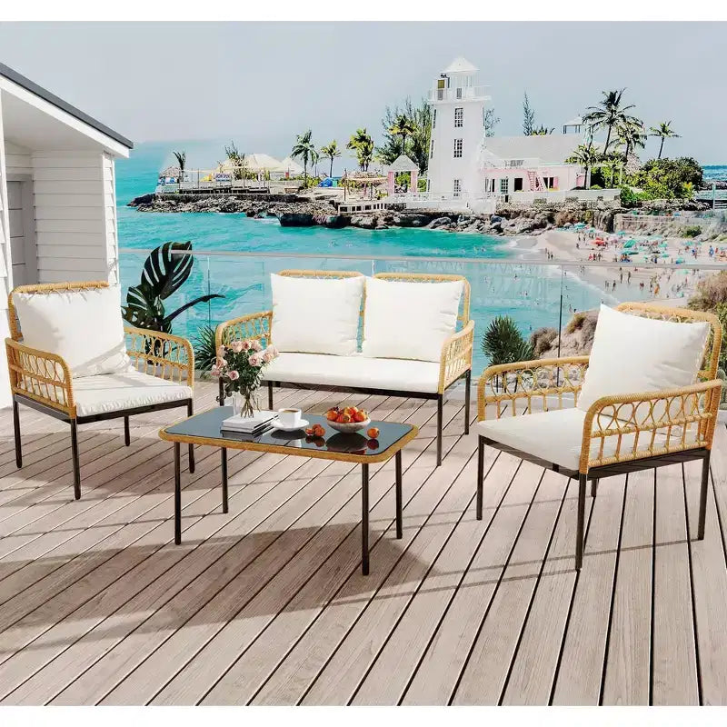 Set mobili da giardino a 4 pezzi in rattan, per terrazza, con sedie a dondolo e tavolino da caffè in vetro, per patio e cortile