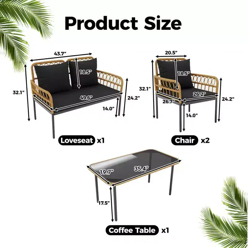 Set mobili da giardino a 4 pezzi in rattan, per terrazza, con sedie a dondolo e tavolino da caffè in vetro, per patio e cortile