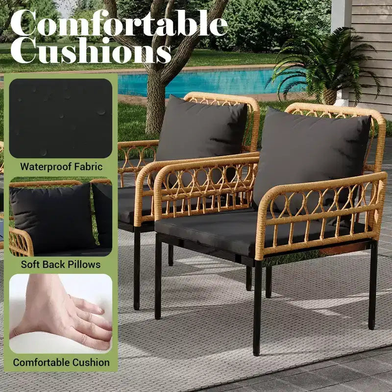 Set mobili da giardino a 4 pezzi in rattan, per terrazza, con sedie a dondolo e tavolino da caffè in vetro, per patio e cortile