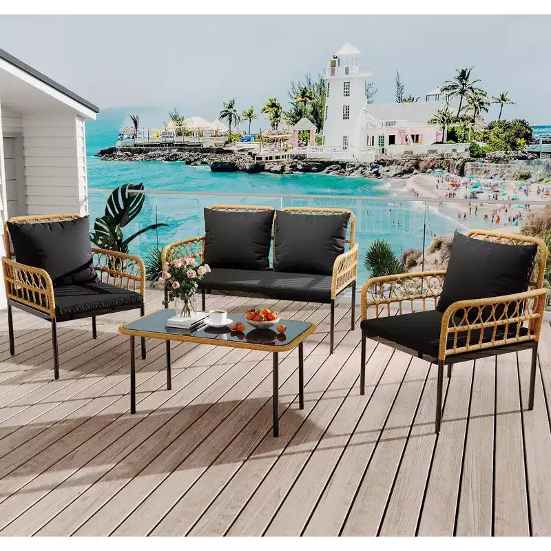 Set mobili da giardino a 4 pezzi in rattan, per terrazza, con sedie a dondolo e tavolino da caffè in vetro, per patio e cortile