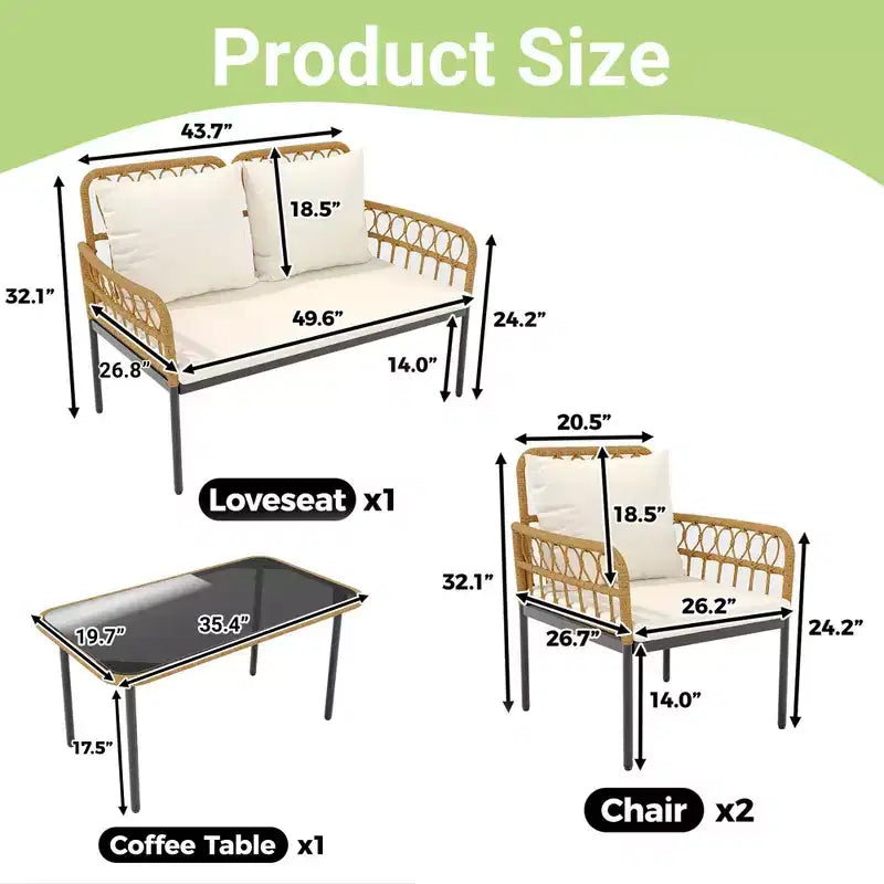 Set mobili da giardino a 4 pezzi in rattan, per terrazza, con sedie a dondolo e tavolino da caffè in vetro, per patio e cortile