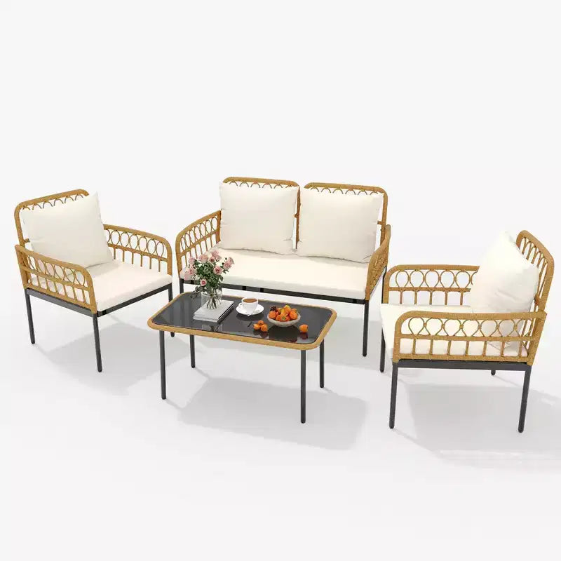 Set mobili da giardino a 4 pezzi in rattan, per terrazza, con sedie a dondolo e tavolino da caffè in vetro, per patio e cortile