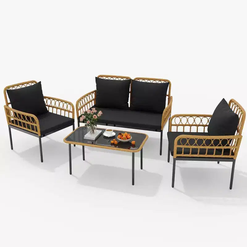4-Piece Rattan Patio Furniture Set Terrace Hollow Rattan Chair Furniture Set Outdoor Wicker Furnishing with Glass Coffee Table for Patio, Backyard