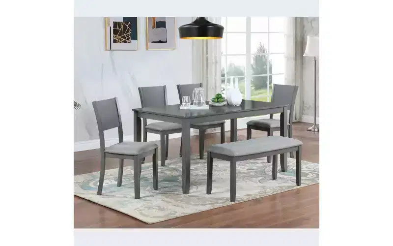 Zevemomo 6-Piece Wooden Dining Table Set, Includes Dining Table, 4 Upholstered Chairs & 1 Bench, Dining Table with Wood Legs,Grey