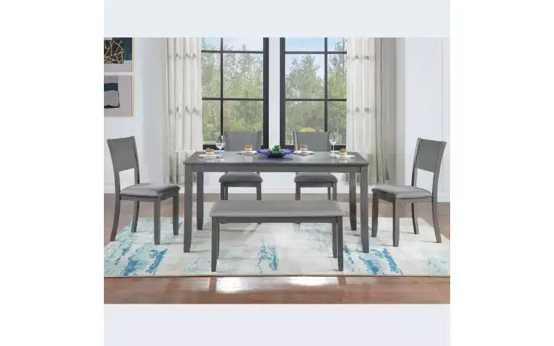 Set da pranzo Zevemomo di 6 pezzi in legno, include tavolo da pranzo, 4 sedie imbottite e 1 panca, tavolo da pranzo con gambe in legno, grigio