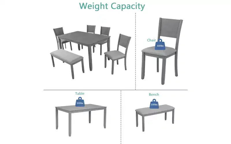 Set da pranzo Zevemomo di 6 pezzi in legno, include tavolo da pranzo, 4 sedie imbottite e 1 panca, tavolo da pranzo con gambe in legno, grigio