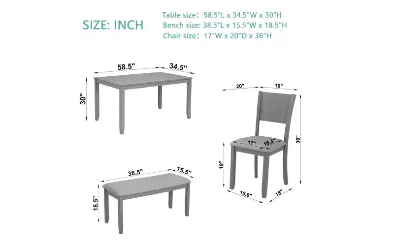 Set da pranzo Zevemomo di 6 pezzi in legno, include tavolo da pranzo, 4 sedie imbottite e 1 panca, tavolo da pranzo con gambe in legno, grigio