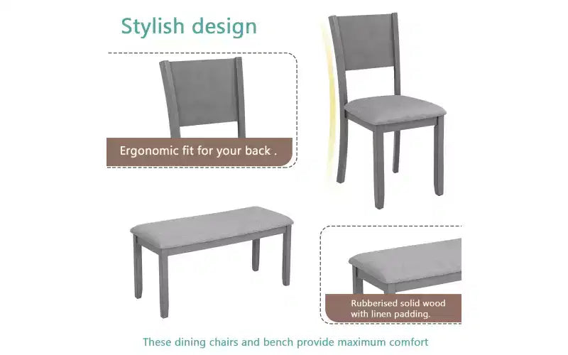 Set da pranzo Zevemomo di 6 pezzi in legno, include tavolo da pranzo, 4 sedie imbottite e 1 panca, tavolo da pranzo con gambe in legno, grigio