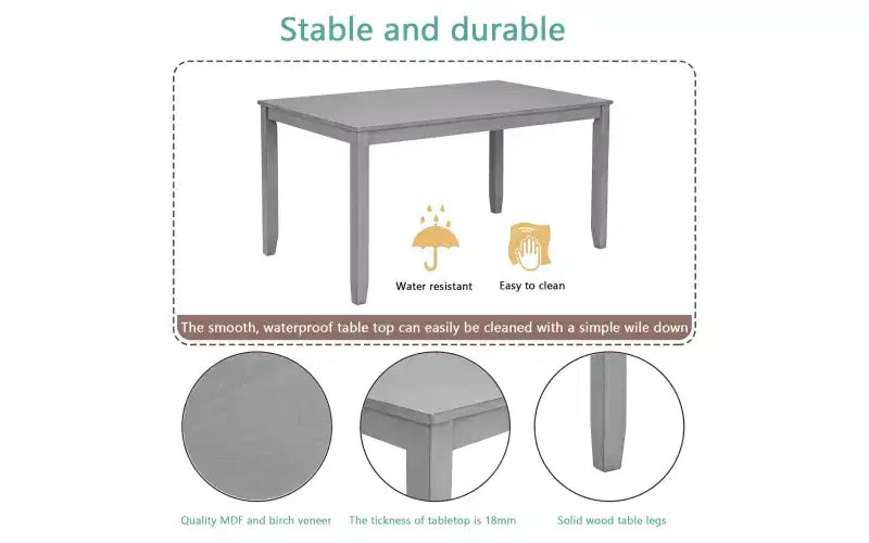 Set da pranzo Zevemomo di 6 pezzi in legno, include tavolo da pranzo, 4 sedie imbottite e 1 panca, tavolo da pranzo con gambe in legno, grigio
