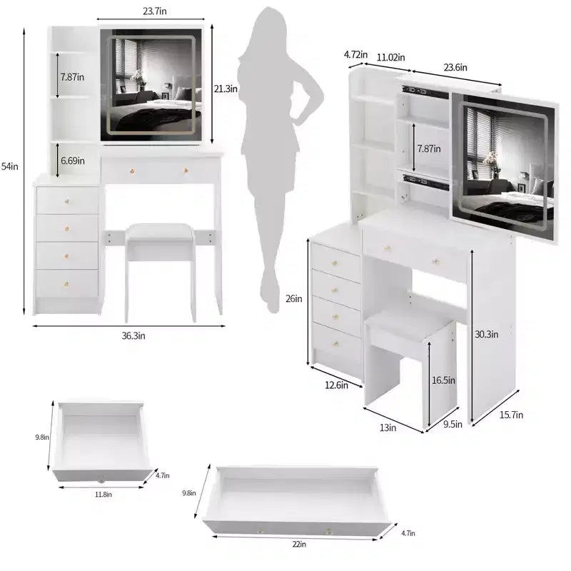 Set Toeletta Tavolo da Trucco 40 di Grandi Dimensioni Mobiletto Comodino Sinistro Tavolo da Trucco+Sgabello Imbottito Set Cassettiera